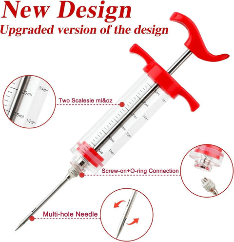 Meat Injector Syringe 1 Ounce Marinade Kit With Two Needles for BBQ, showing ergonomic design, multi-hole needle, and ml/oz scales.