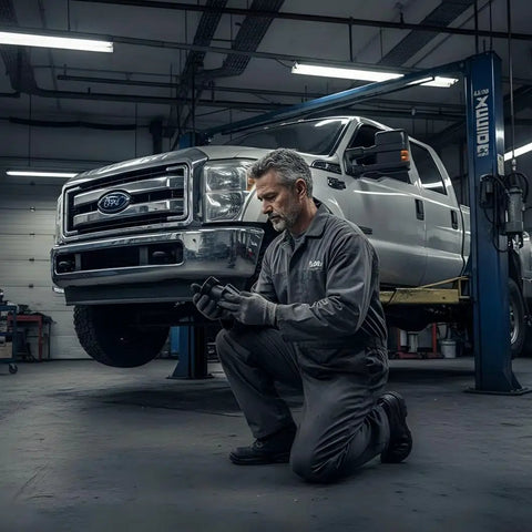 Mechanic with Ford 4 Lug Rear Axle Nut Socket Wrench For F Series Trucks Ten And A Half Inch Spindle Nut Size Two And Three Quarter Inch Outer Heavy Duty Hub Nut Tool For Quick DIY Removal And Installation On F 250 And F 350 Models beside lifted truck