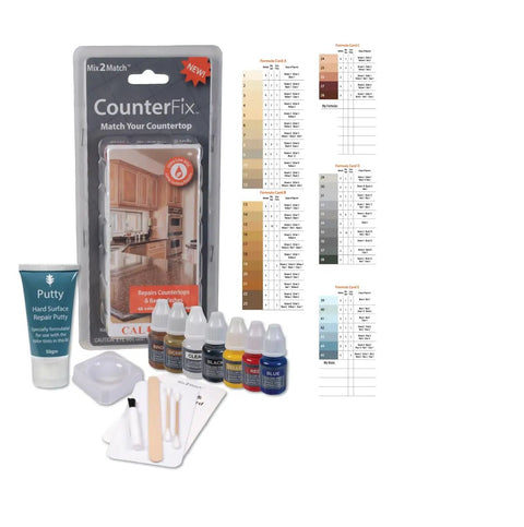 Mix2Match Countertop and Backsplash Repair Kit with tools, repair compounds, and 45 plus color matching formulas displayed.