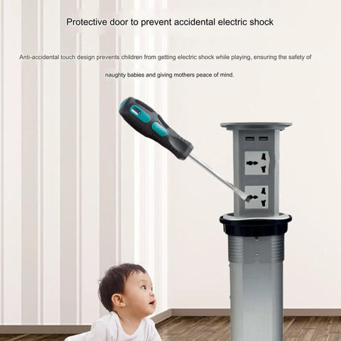 Child-safe Top Shelf Smooth Pop Up Power Strip For Kitchen Island And Home Office Desk with protective door
