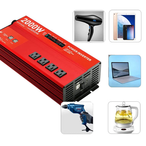 Beast Mode 2000W Power Inverter transforms car DC 12V to AC 110V smoothly, featuring four outlets and USB ports.