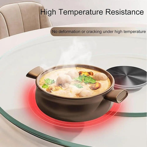 Big Glass Lazy Susan Rotating Turntable For Dining Table Display with soup pot, showcasing high temperature resistance.