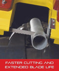 Univerz Bi Metal Portaband Saw Blade cutting through metal pipe in workshop, heavy-duty, 44.875in long, 0.5in wide, 10-14 TPI