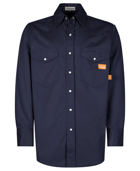 Men's Flame Resistant Welding Shirt With Pearl Snap Front, 7.5oz 100 Percent Cotton FR Twill, Navy, front view