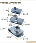 Dimensions of M6 M8 M10 U Clip Nuts Set In Stainless Steel, featuring three different sizes of speed clip fasteners.