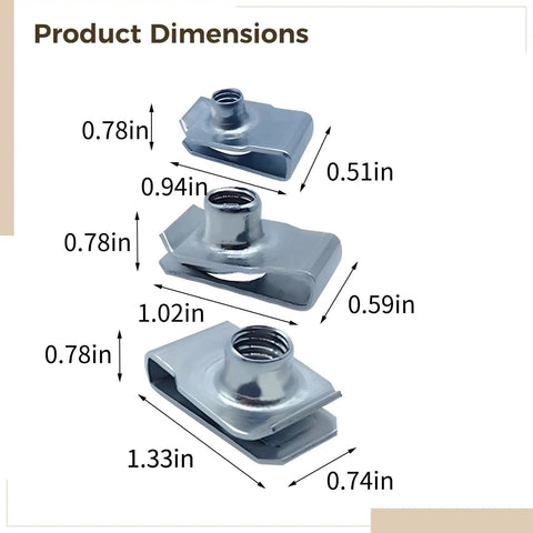 Product dimensions for 60 Piece Stainless Steel U Clip Nuts Set M6 M8 M10 Threads 304 Grade Spring Steel Fasteners