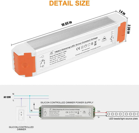 Diagram showing dimensions of 2 Pack 120W 10A Dimmable LED Power Supply Driver 110V AC To 12V DC Ultra Quiet Fanless Transformer for LED system.