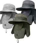 3 Pack Men's Outdoor Wide Brim Hat With UPF 50 Plus Sun Protection, Face And Neck Flap Removable, shown in green, grey, and black.