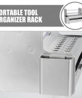 Slick Desktop Tool Organizer With Easy Slide Drawer And Tough Poly Build For Locking In Screwdrivers showing close-up of organizer rack.