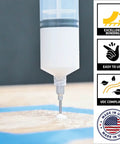Engineered Wood Floor Repair Kit 32 Oz for Squeaks and Pops, syringe applying adhesive on wood floor, features listed
