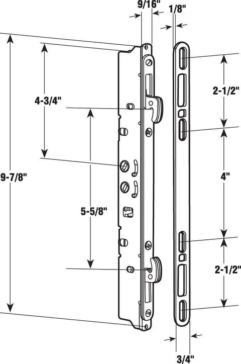 Technical diagram of 9 7 8 Inch Steel Multi Point Door Lock And Keeper With 45 Degree Keyway For Sliding Patio Doors.