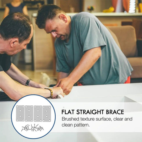 Two men assembling furniture using stainless steel flat plate brackets six piece set for furniture repair and wood joining.