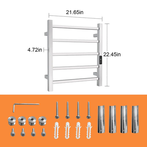 5 Bar Heated Towel Rack With Timer And Smart Temperature Control, 304 Stainless Steel Wall Mounted Electric Towel Warmer For Bathroom with installation hardware