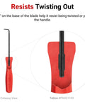 Cutaway view of hook tool from Five Piece Pick And Hook Set For Precision Mechanical Work Includes Straight 45 Degree Bent And 90 Degree Picks Plus 90 Degree And 130 Degree Hooks With Sharp 30 Degree Tapered Points Made In USA Durable Pro Grade Tools showing "wings" to resist twisting out.