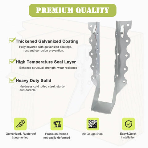Diagram showing features of 20 Pack 2 By 8 Inch Joist Hanger 18 Gauge Double Shear Face Mount with galvanized coating and durability highlights