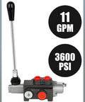 Side view of hydraulic flow control valve with lever, black body, red port caps, 11 GPM, 3600 PSI.