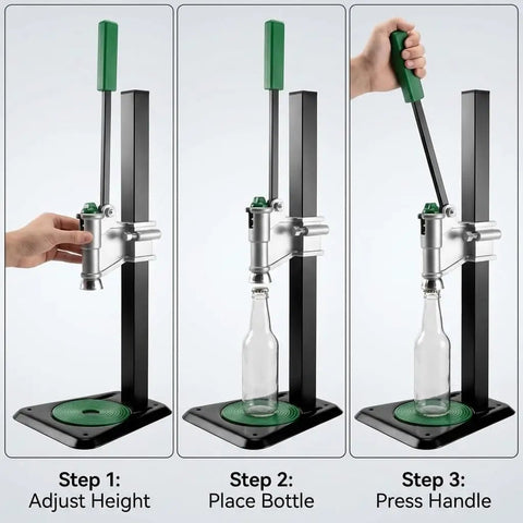Adjustable Bench Bottle Capper Workhorse With Metal Lever For Beer Soda And Home Brewing Heavy Duty Cap Pressing Machine For Tight Seals Easy Height Adjustment And Smooth Lever Action Durable Steel Frame demonstrating operation steps