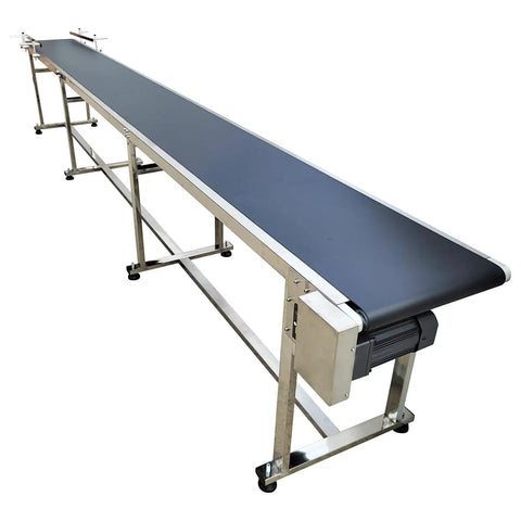Electric PVC Belt Conveyor With Adjustable Speed For Desktop Use, Stainless Steel Body, Double Guardrails, 177x11.8 Inch, Black