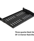 Three-quarter back view of Rock Solid 1U Server Rack Shelves 2 Pack Heavy Duty 19 Inch Vented Cantilever Trays.