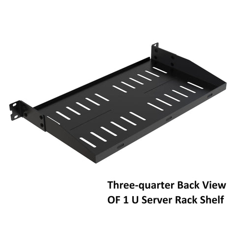 Three-quarter back view of Rock Solid 1U Server Rack Shelves 2 Pack Heavy Duty 19 Inch Vented Cantilever Trays.