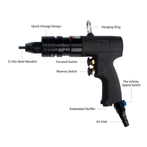 Pneumatic Rivet Nut Gun Kit With One Quarter Inch, Five Sixteenth Inch And Three Eighths Inch Mandrels, Self Locking Gun Head