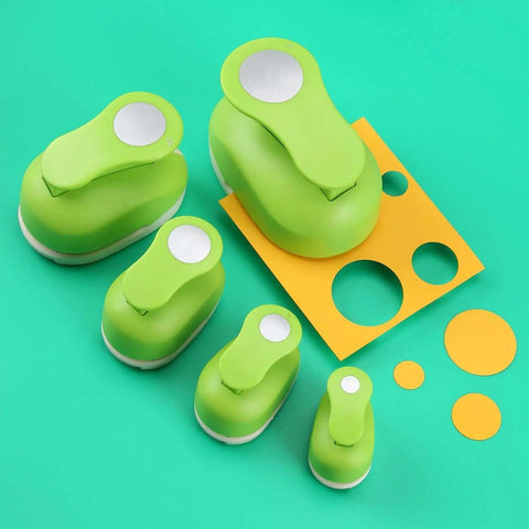Set of green circle punches with lever handle for clean even circles, perfect for various crafts projects and paper sizes.