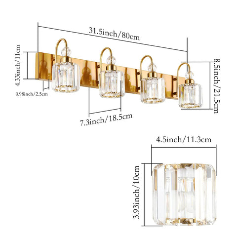 Hot Brass Gold Vanity Light Fixture With Four Crystal Lights For Bathroom Over Mirror Modern Wall Mount Bath Lighting E26 Base