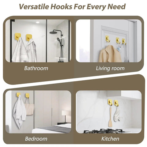 Heavy Duty Adhesive Wall Hooks In A Dope Four Pack, Stainless Steel Stick On Hangers With Badass Grip For Bathrooms And Kitchens, Waterproof And Super Fast To Put Up On Any Wall Or Door Without Drilling, Classic Gold Finish in bathroom, living room, bedroom, and kitchen.