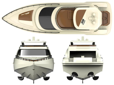 Dope Modern Yacht RC Boat One To Twenty Eight Scale With 2.4GHz Remote, glossy ABS hull, front, rear, and top view