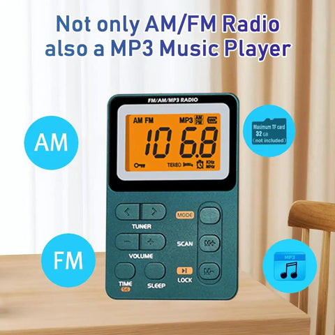Rechargeable Pocket Radio With AM FM Tuner And Dope Reception Digital Tuning, MP3 Playback on table with LCD screen