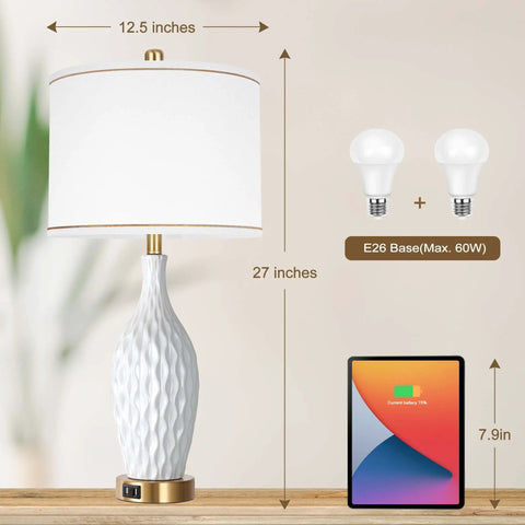 Must Have 2 Pack White Ceramic Table Lamps With 3 Way Dimmable Touch Control USB Ports And Linen Shade 27 Inch, LED bulbs, size comparison with tablet