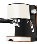 Quiet Compact Electric Coffee Machine Automatic Espresso Maker With Milk Frother in a modern black and white design.