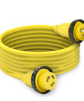 Beefy 25 Ft 30 Amp 125V RV Power Cord Marine Grade Yellow L5-30P To L5-30R coiled with locking plugs visible