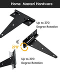 10 Inch Heavy Duty Gate Hinges For Wooden Fences Shed Doors And Outdoor Barns In Black Durable Iron T Strap Gate Hinges With Rust Resistant Coating Weatherproof Outdoor Gate Hardware Includes Screws 4 Pack showing 270 degree rotation