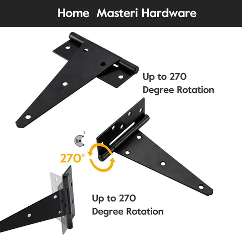 10 Inch Heavy Duty Gate Hinges For Wooden Fences Shed Doors And Outdoor Barns In Black Durable Iron T Strap Gate Hinges With Rust Resistant Coating Weatherproof Outdoor Gate Hardware Includes Screws 4 Pack showing 270 degree rotation