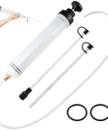 Grease Monkey Ready Manual Fluid Extractor Pump With Three Extension Hoses, clear tube, hand pump design for fluid transfer.