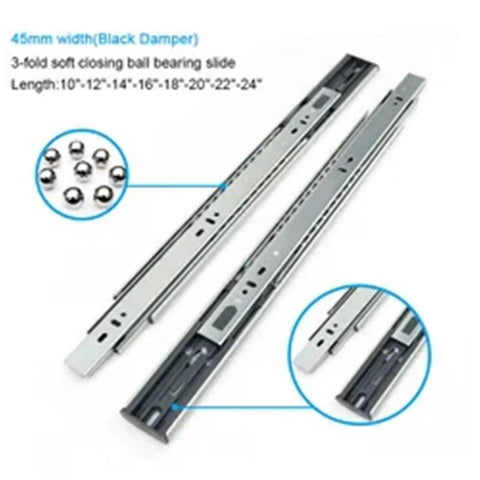 Telescopic Steel Drawer Slide 45mm Width Black Finish Heavy Duty Kitchen Cabinet Drawer Rail Smooth Glide Easy Install