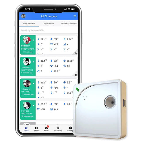 Smartphone displaying app interface with WiFi Environmental Sensor For Smart Home Monitoring With Temperature Humidity And Light Tracking External Probe Alerts And Scheduled Reports Device Sharing Local Deployment IFTTT And Alexa Compatible 2.4 Gigahertz WiFi No Hub Needed shown beside it