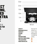 Pro Grade Automated Coffee Tamper Engineered For Mythos And Nuova Simonelli Grinders, dimensions and specifications displayed.
