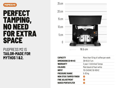 Pro Grade Automated Coffee Tamper Engineered For Mythos And Nuova Simonelli Grinders, dimensions and specifications displayed.