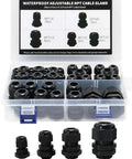 Heavy Duty Waterproof NPT Cable Glands Kit All In One 38 Piece Nylon Strain Relief Connectors with open box showing sizes
