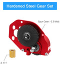 Beefy 50T Brushed RC Motor With Aluminum Alloy Gearbox, red, with steel spur gear and pinion for SCX24 crawler upgrade.