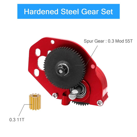 Beefy 50T Brushed RC Motor With Aluminum Alloy Gearbox, red, with steel spur gear and pinion for SCX24 crawler upgrade.