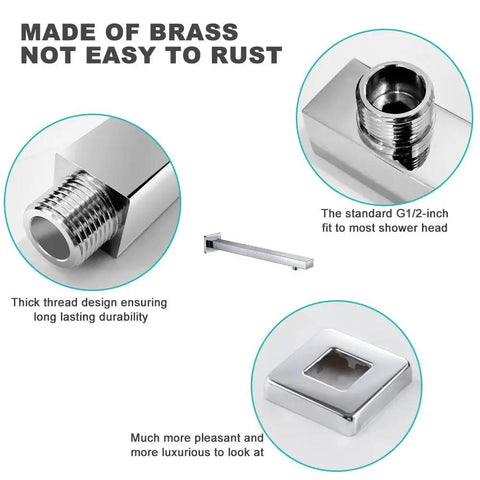 Features of Extra Long Brass Shower Extension Arm 16 Inch Chrome Finish Universal Straight Wall Mount Built To Last Heavy Duty One Half Inch NPT Thread Anti Rust Durable Arm For Rain Shower And Luxury Bathroom Upgrade