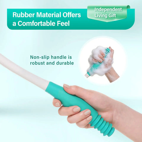 Hand holding Long Reach Toilet Wiping Aid, showing ergonomic rubber handle with soap, for comfortable independent use.