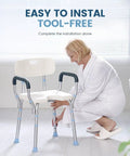 Woman assembling Heavy Duty Shower Chair With Back And Arms, 300 Lb Capacity, Non Slip Aluminum Frame, tool free assembly.