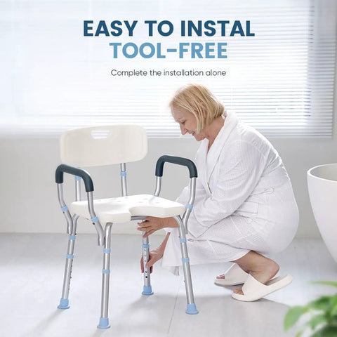 Woman assembling Heavy Duty Shower Chair With Back And Arms, 300 Lb Capacity, Non Slip Aluminum Frame, tool free assembly.