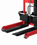 No Sweat Manual Hydraulic Pallet Jack Foldable Fork Truck showing red and black steel tines for easy pallet lifting.
