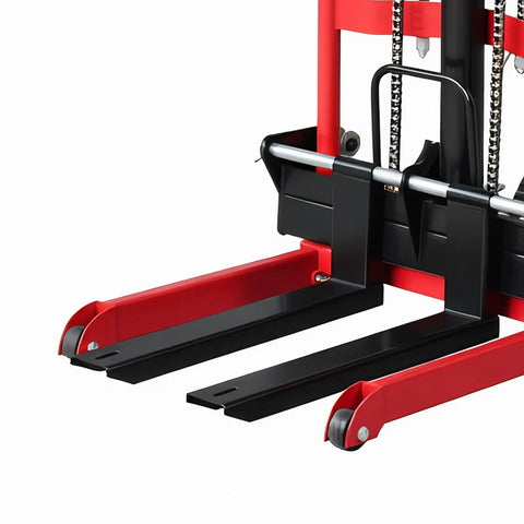 No Sweat Manual Hydraulic Pallet Jack Foldable Fork Truck showing red and black steel tines for easy pallet lifting.
