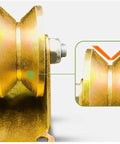 Heavy Duty Two Inch V Groove Steel Caster Wheels For Industrial Machinery And Sliding Doors Featuring Double Bearing Track Rollers side view of dual roller with reinforced steel bracket.